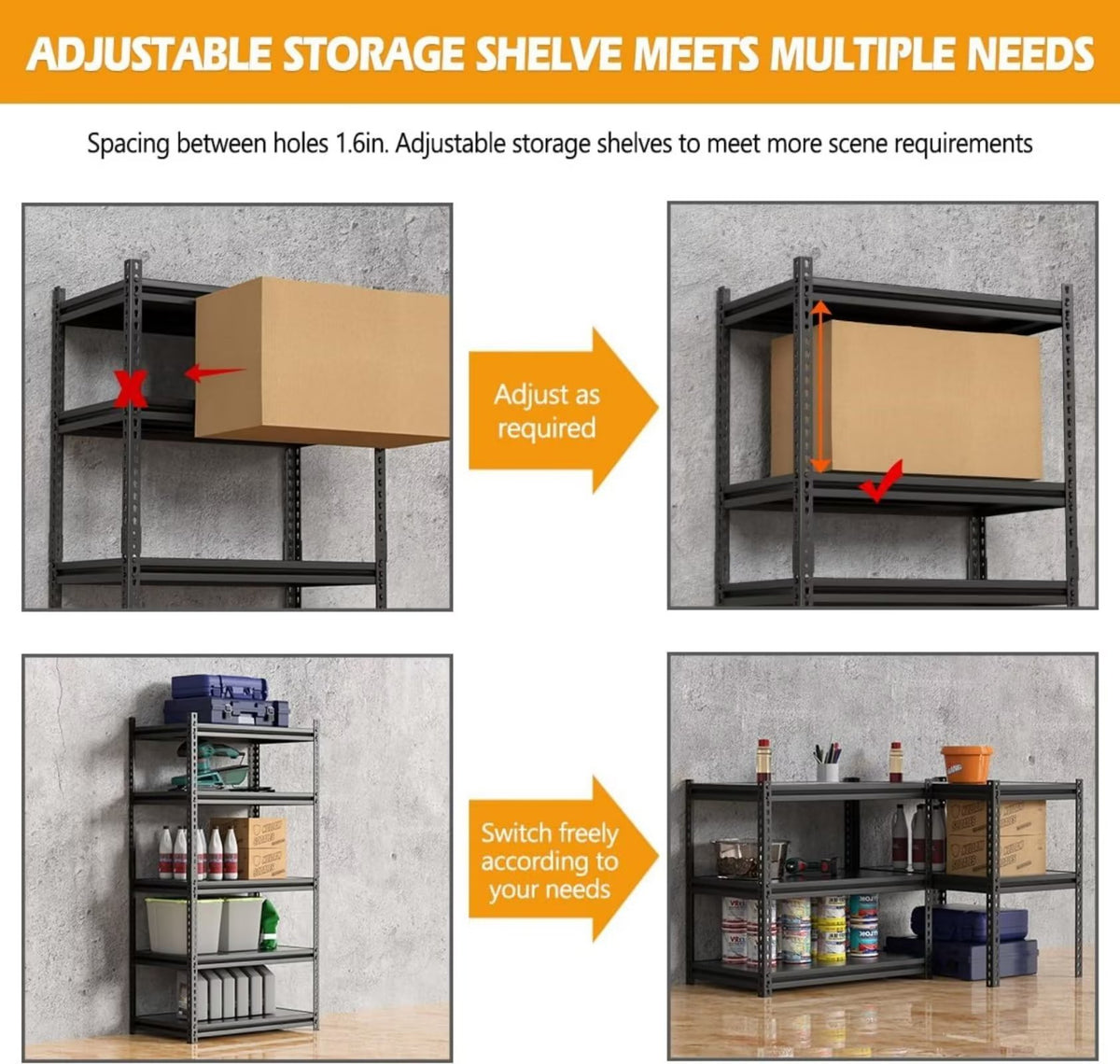 Heavy Duty 5-Tier Metal Garage Storage Shelving Rack, 35.8" W x 16.2" D x 72" H A57960
