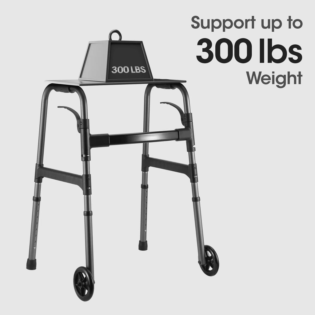 Folding Walker with Wheels, Adjustable Height, 300lbs Weight Capacity, Gunmetal Grey D23950
