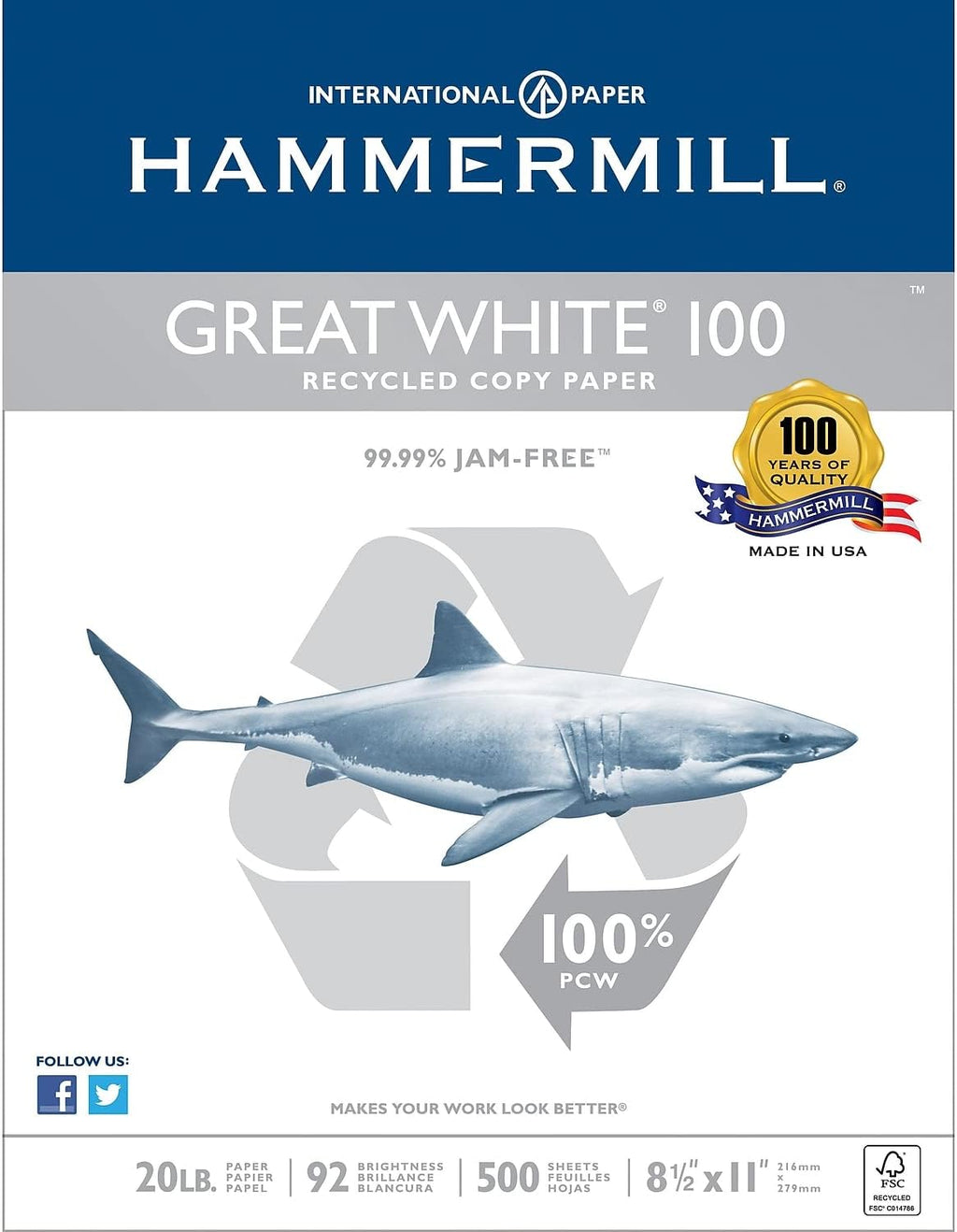 100 Recycled Copy Paper, 20Lb, 8-1/2 X 11, White, 5,000 Sheet N821871