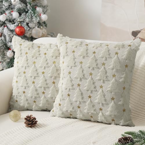 Dark Green Christmas Tree Pillow Covers 18 x 18 inch Set of 2 Plush Faux Fur B209948