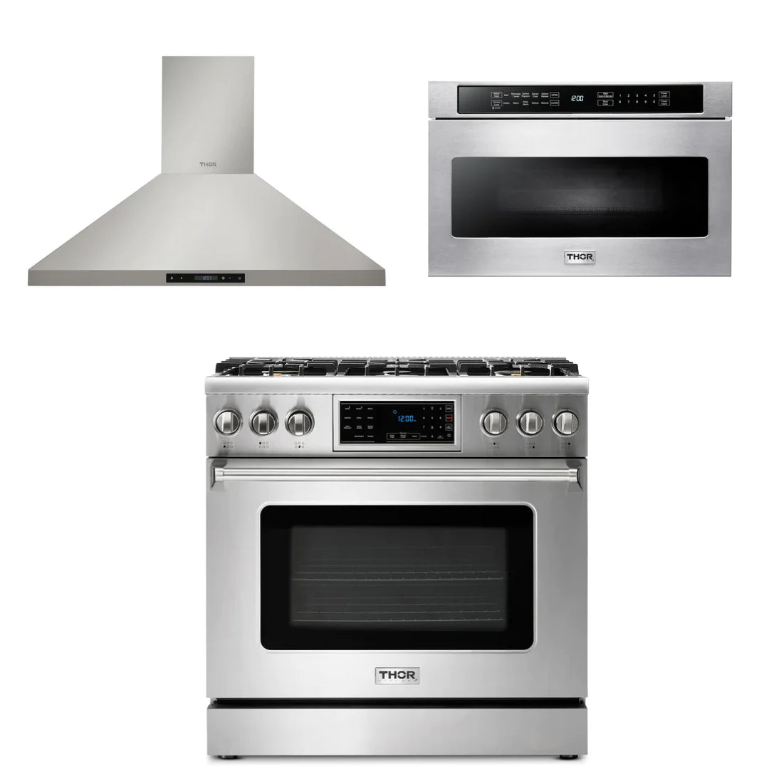 36 Propane Gas Range, Range Hood, Microwave J493