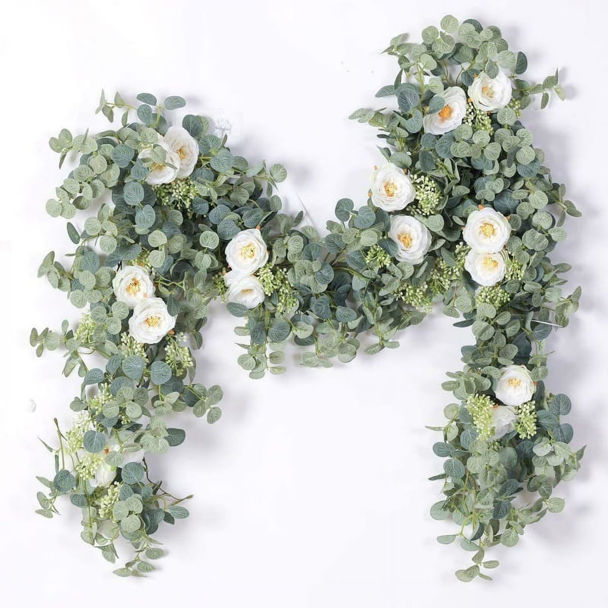 2PCS 1.8M Artificial Eucalyptus Garland with Champagne Roses T58369