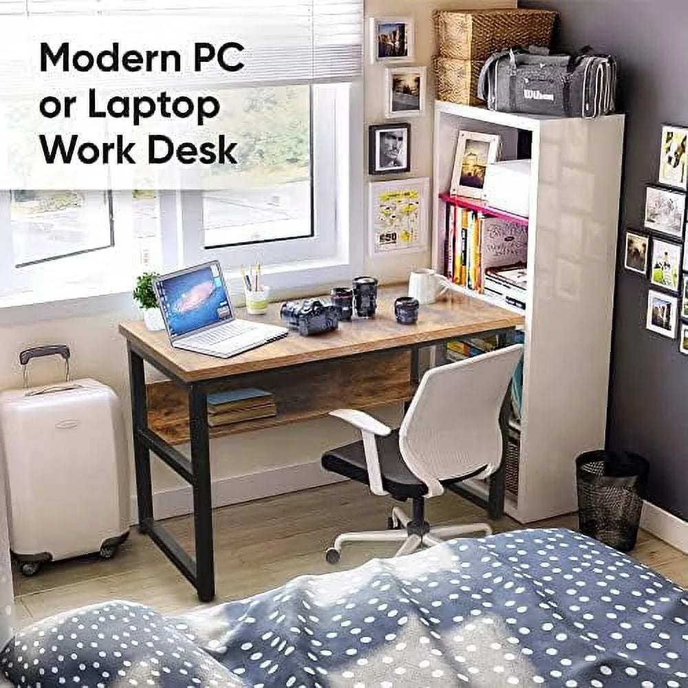 Computer Desk with Shelves 47 Inches Natural Wood Black Metal Frame H41063