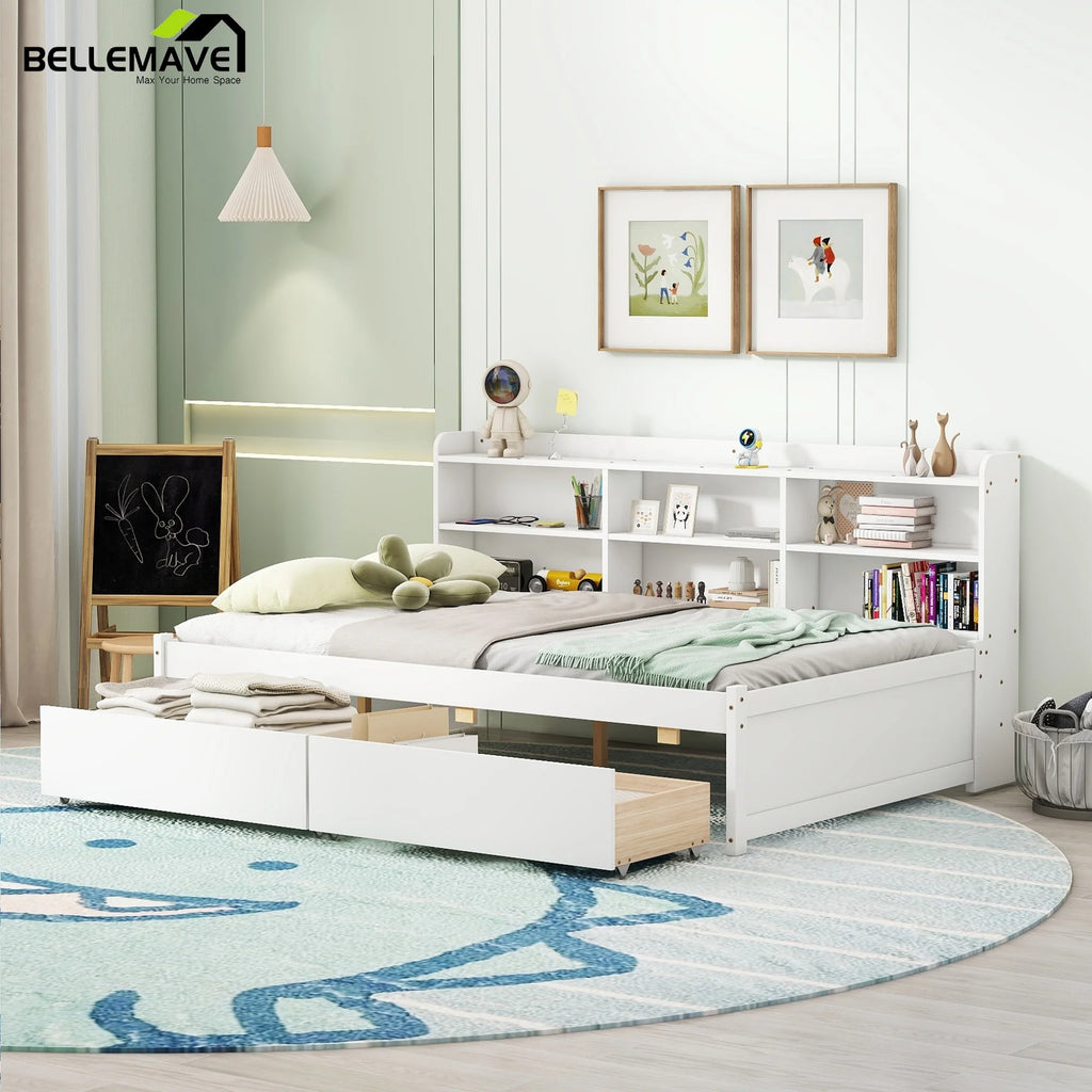 Full Size Platform Bed with Bookcases and Drawers Gray S84246
