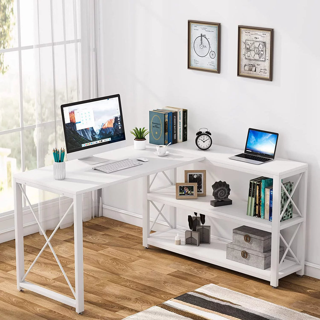 59" White Computer Desk with 2 Shelves F200343
