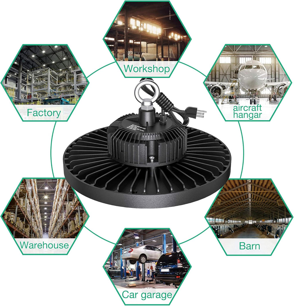2 Pcs UFO LED High Bay Light, 150W, 21000 LM, 5000K Daylight, IP65 Waterproof, Non-Dim, 5ft Cable with US Plug H47598
