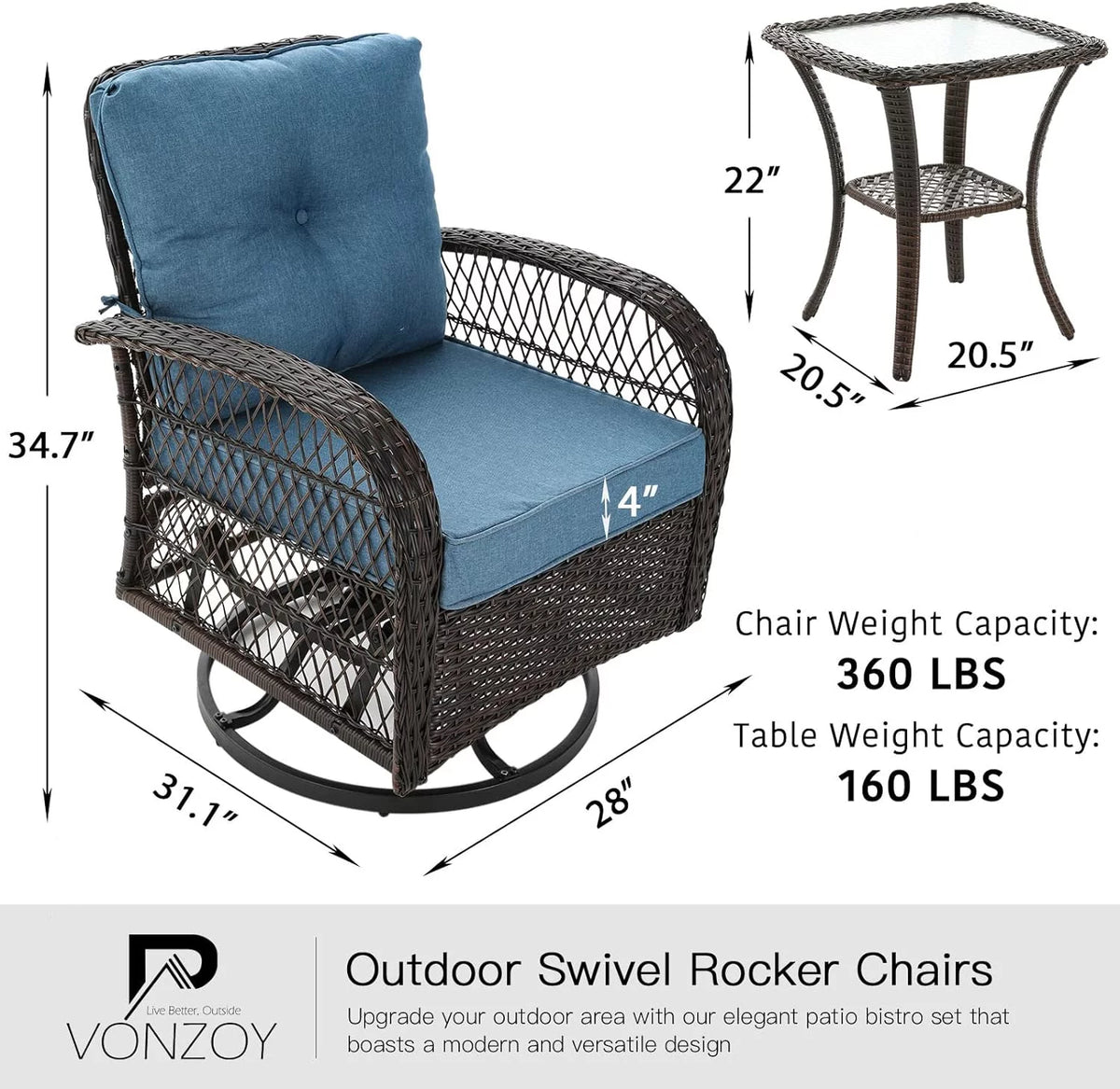 3 Pieces Wicker Patio Furniture Set with Glass Top Side Table K371