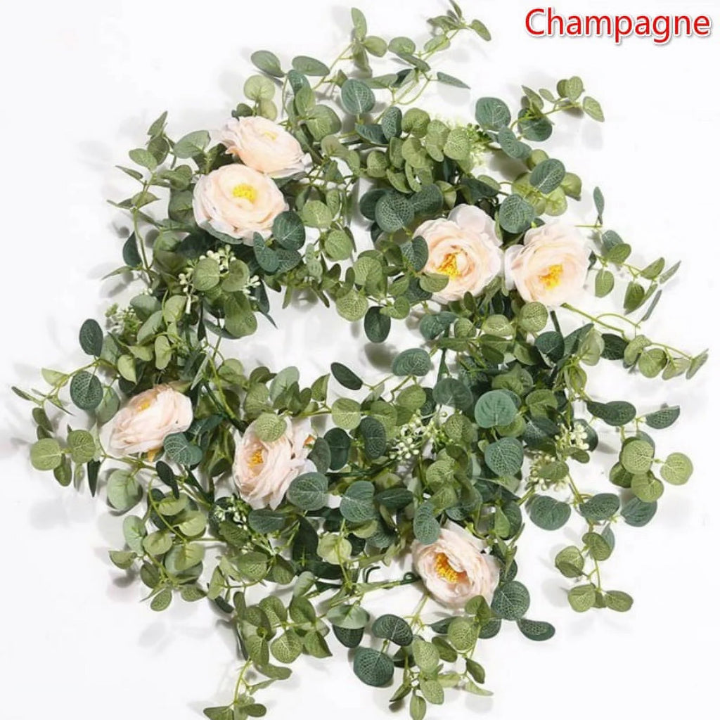 2PCS 1.8M Artificial Eucalyptus Garland with Champagne Roses T58369