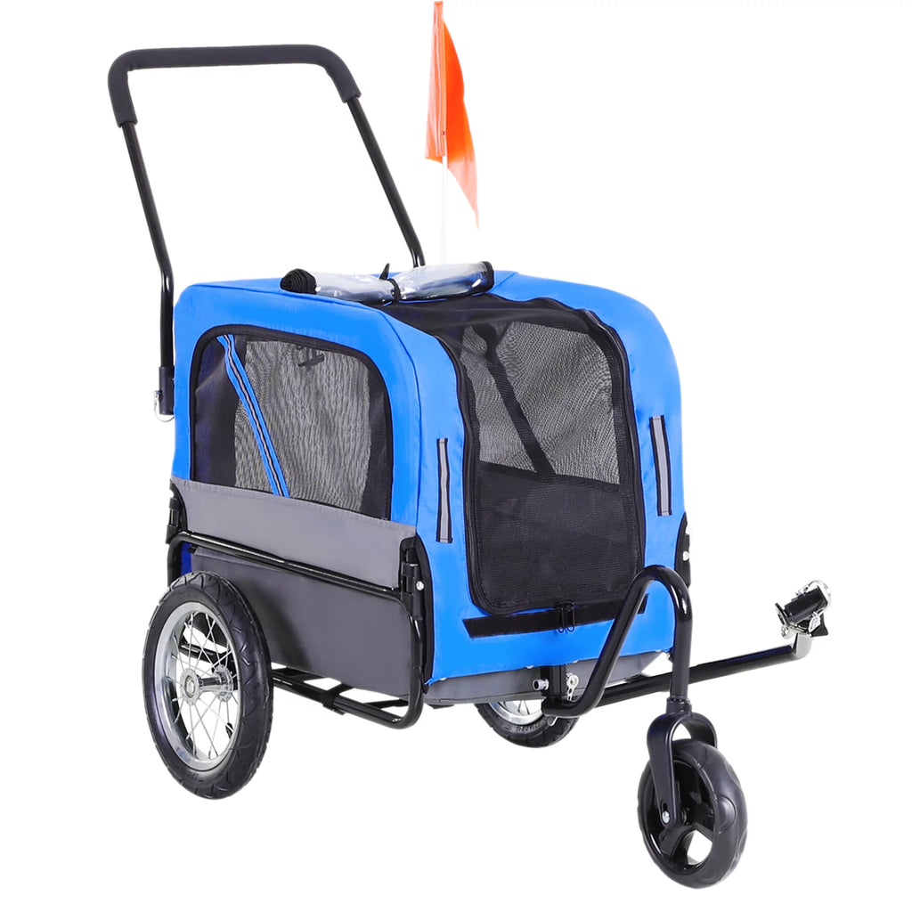 2-In-1 Dog Bicycle Trailer Jogging Stroller with Swivel Wheels Blue J308