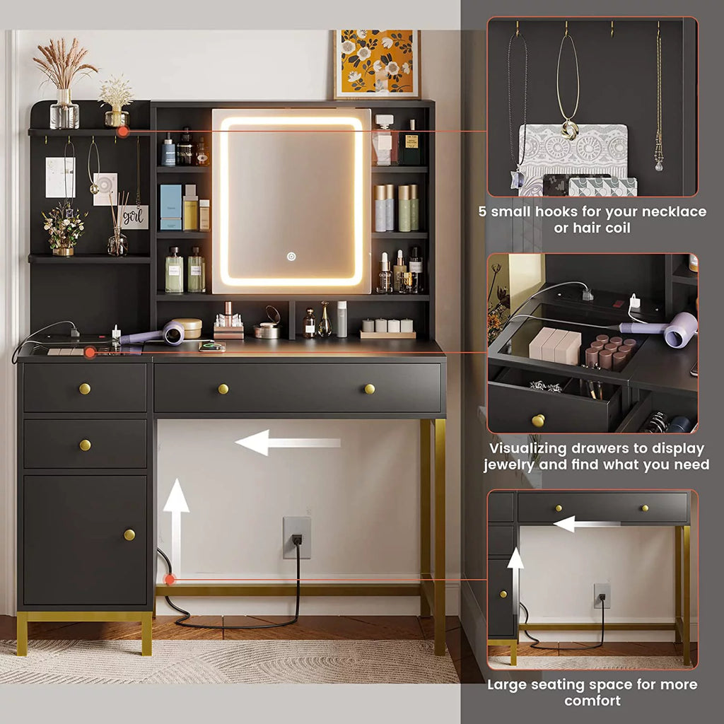 Black Makeup Desk with Lights and Charging Station N4939