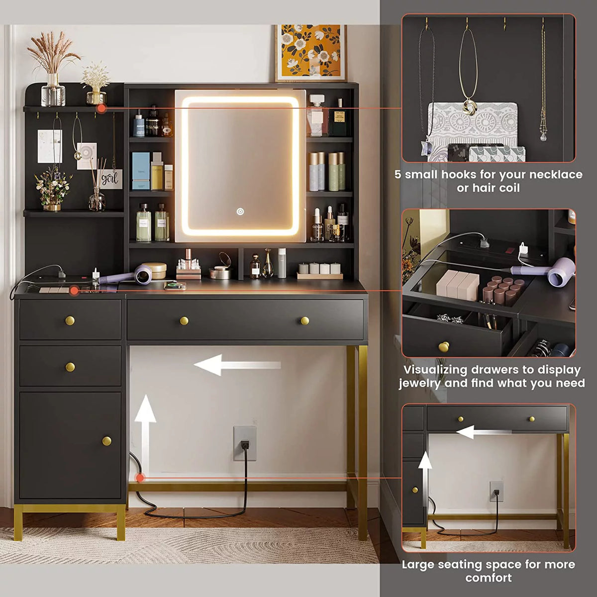 Black Makeup Desk with Lights and Charging Station N4939