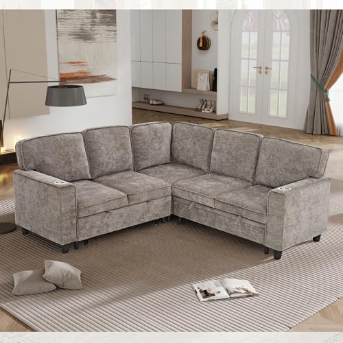 86 INCH L Shaped Convertible Sleeper Sectional Sofa Pull-Out Couch Bed I795742