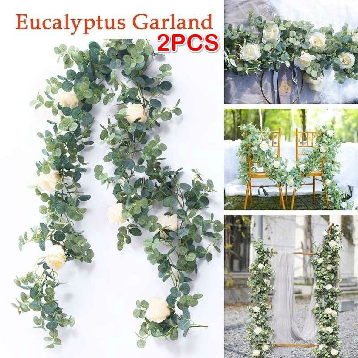 2PCS 1.8M Artificial Eucalyptus Garland with Champagne Roses T58369