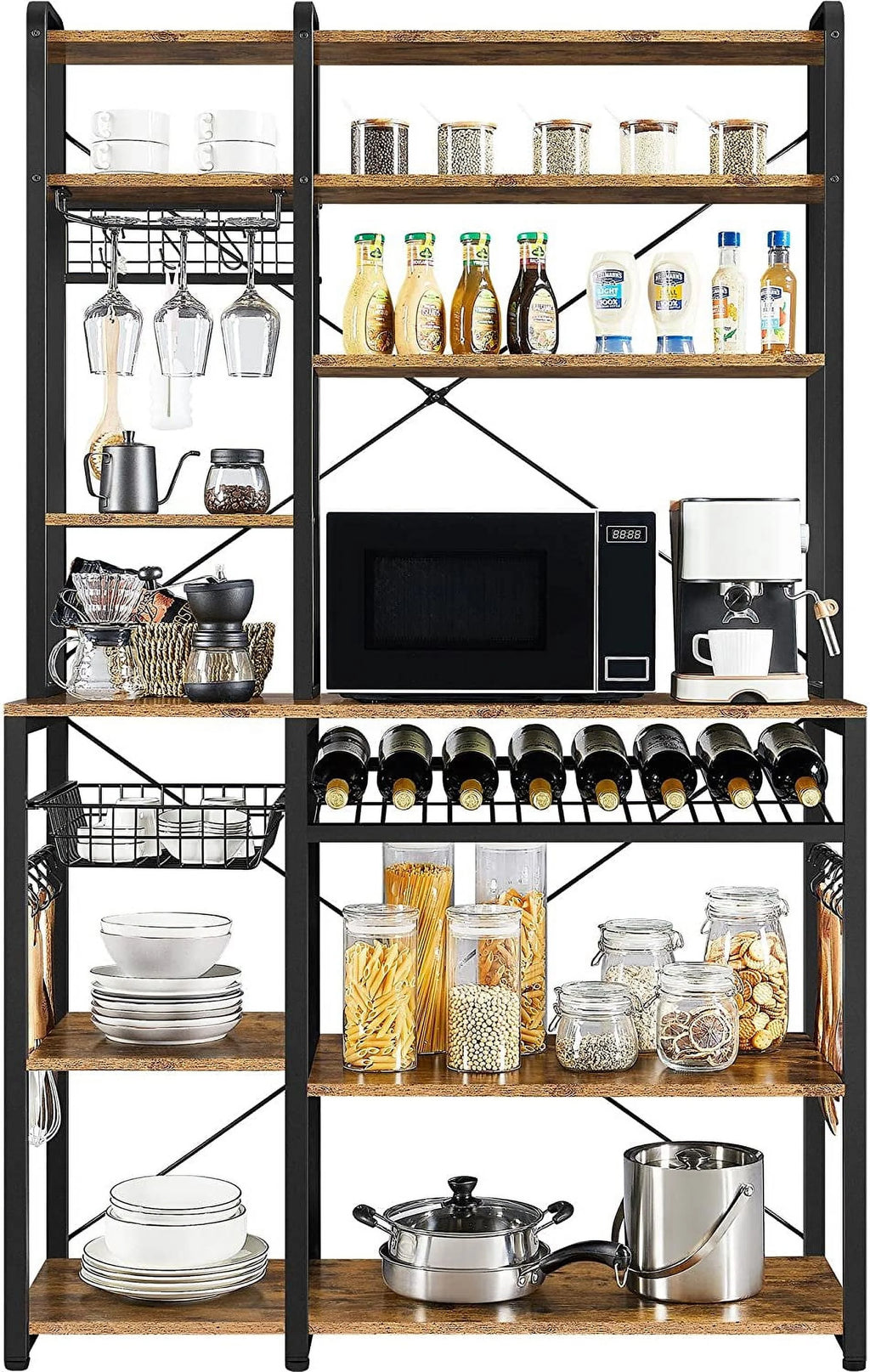Wooden Kitchen Bakers Rack with Wine Rack and 12 Hooks I27315