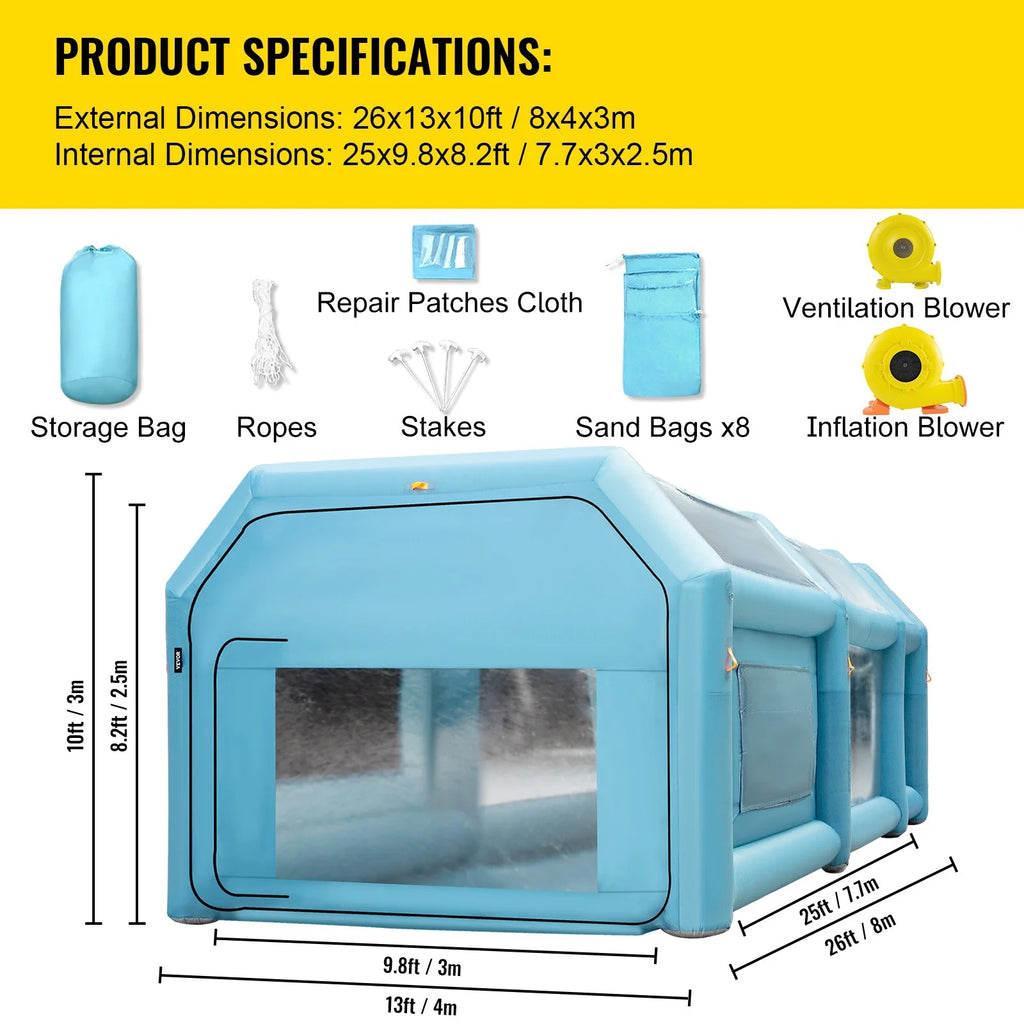 Inflatable Spray Booth Car Paint Tent 26x13x10FT Filter System 2 Blowers X7362