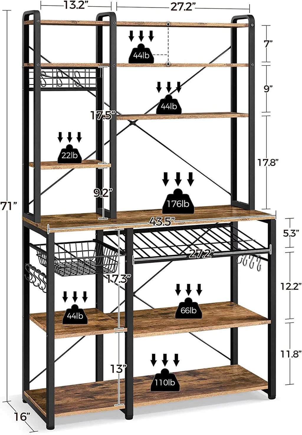 Wooden Kitchen Bakers Rack with Wine Rack and 12 Hooks I27315