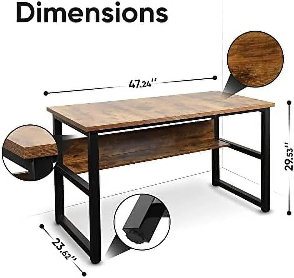 Computer Desk with Shelves 47 Inches Natural Wood Black Metal Frame H41063