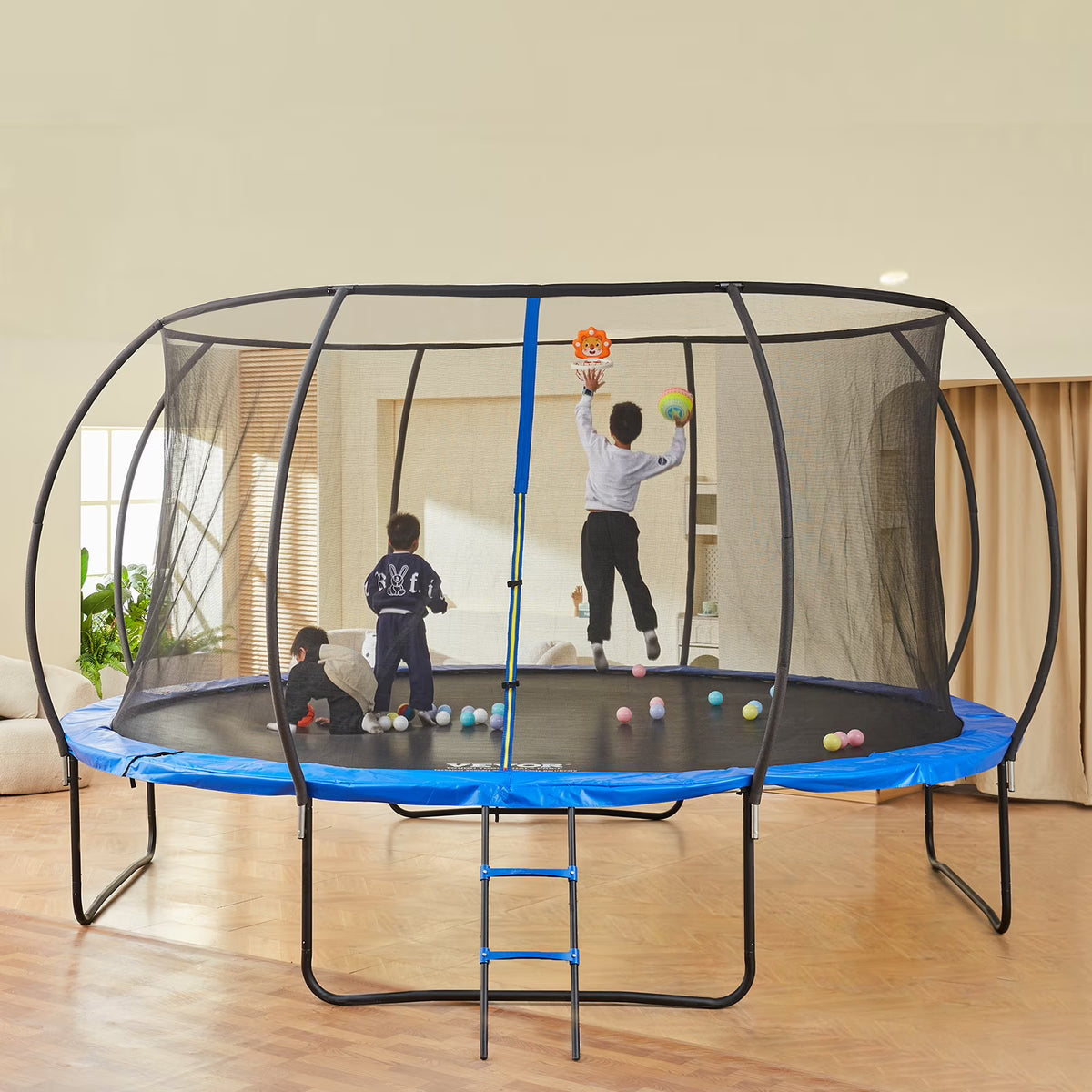 14FT Outdoor Recreational Trampoline with Safety Enclosure Basketball Net O8440
