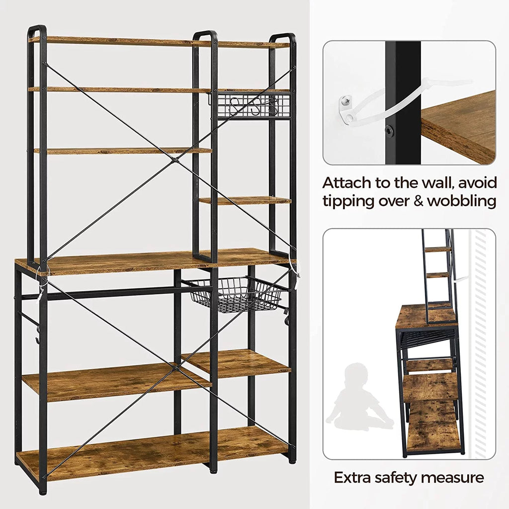 Wooden Kitchen Bakers Rack with Wine Rack and 12 Hooks I27315